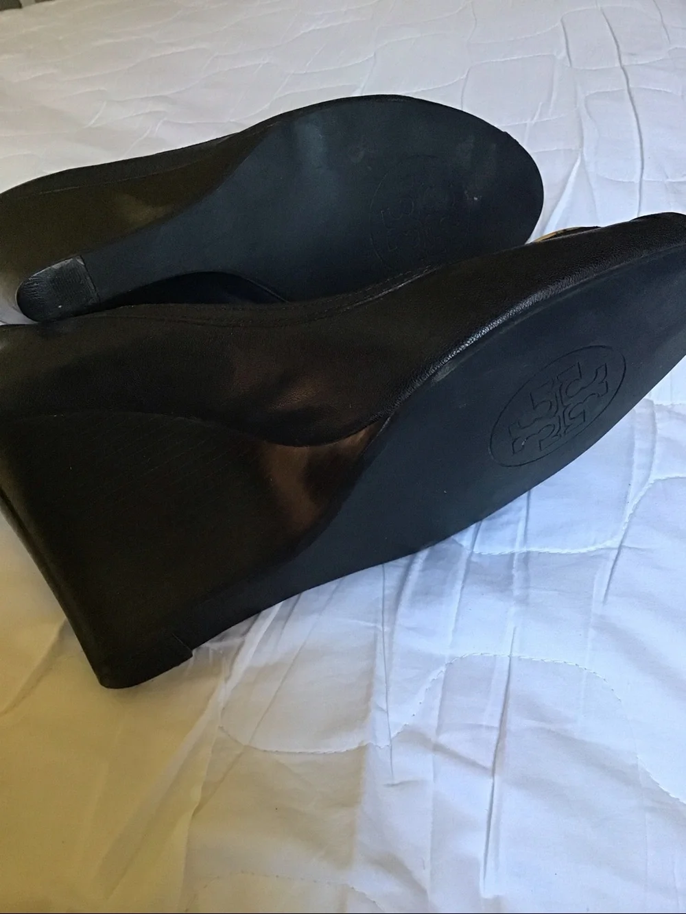 Tory Burch Black Peep-Toe Flats with Gold Logo